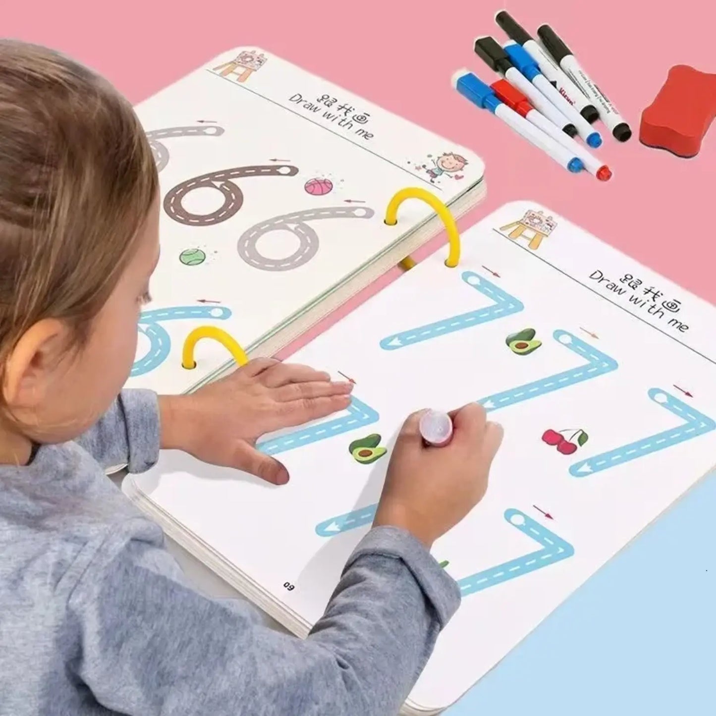 Reusable Tracing Workbook for kids 64 Pages | 2 Markers & Duster Included