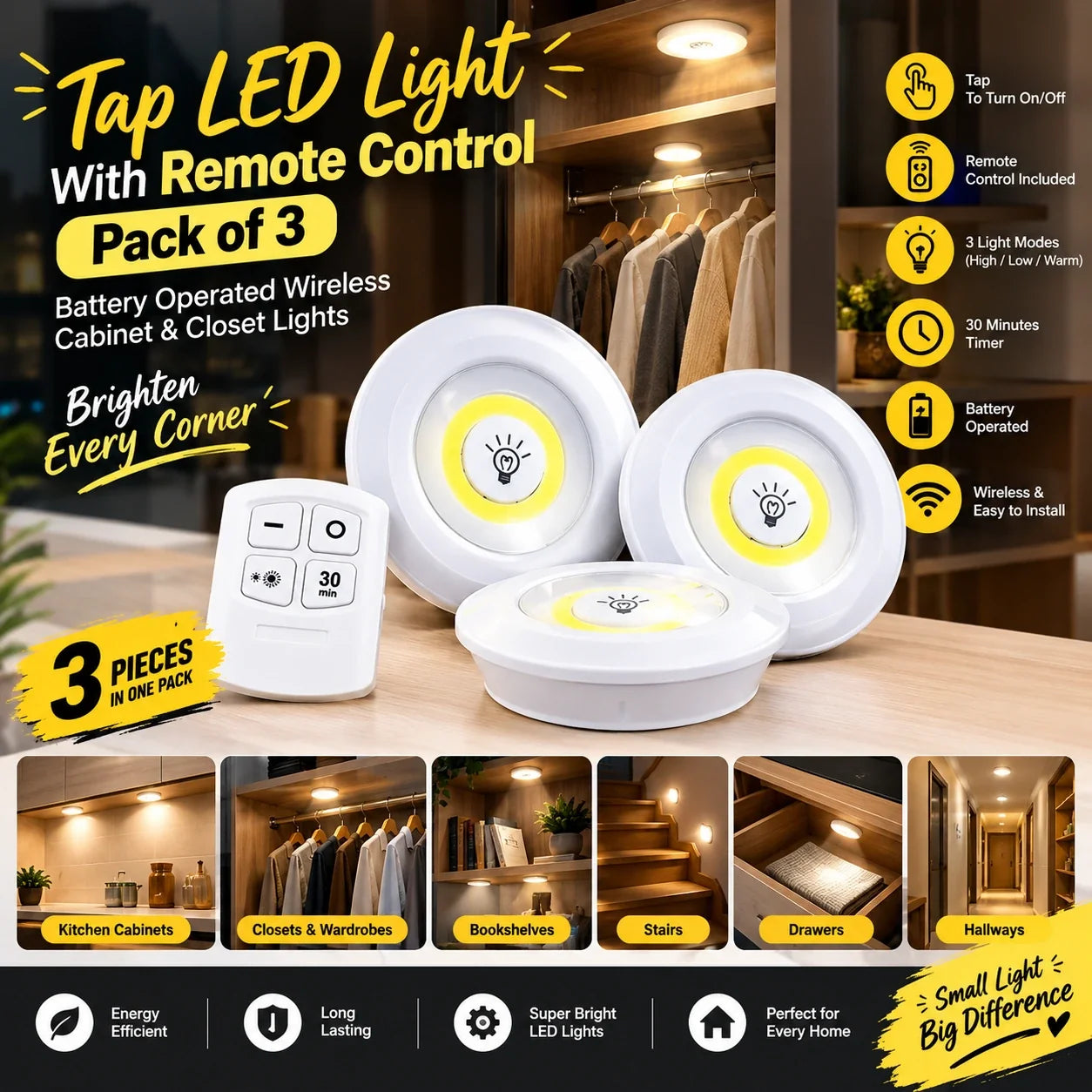 Wireless Tap LED Lights with Remote – Pack of 3 | Cabinet & Closet Lights